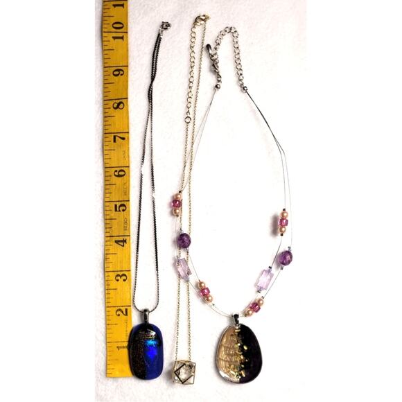 3 Pc Y2K Necklace Lot Fused Glass Caged Crystal Illusion Mixed Pendants 16"-20" - Picture 5 of 5
